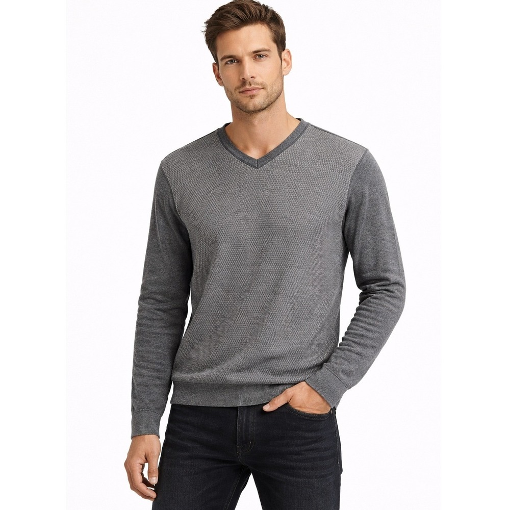 Hugo‎ Boss Mens Cotton Wool Blend V-Neck Gray Pattern Classic Sweater XXL